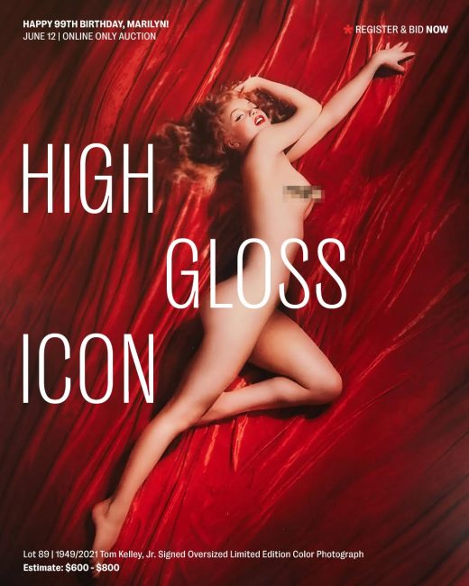 A nude Marilyn Monroe in profile, lying on red velvet 