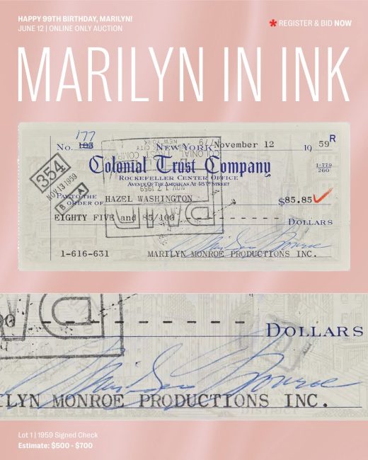 Captioned 'Marilyn in Ink,' two cheques with her signature 